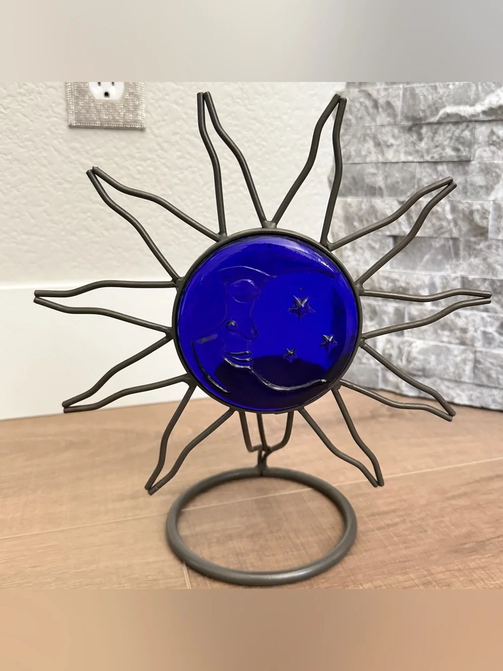 Vintage Blue Cobalt Glass Wrought Iron Candle Holder Celestial Moon Star Sky 11”